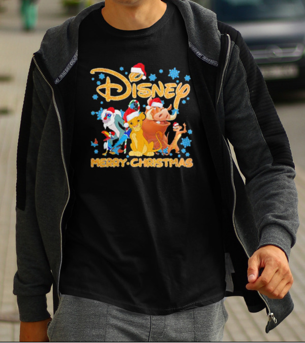 Disney Merry Christmas The Lion King Characters Santa Hats Snowflakes T-Shirt