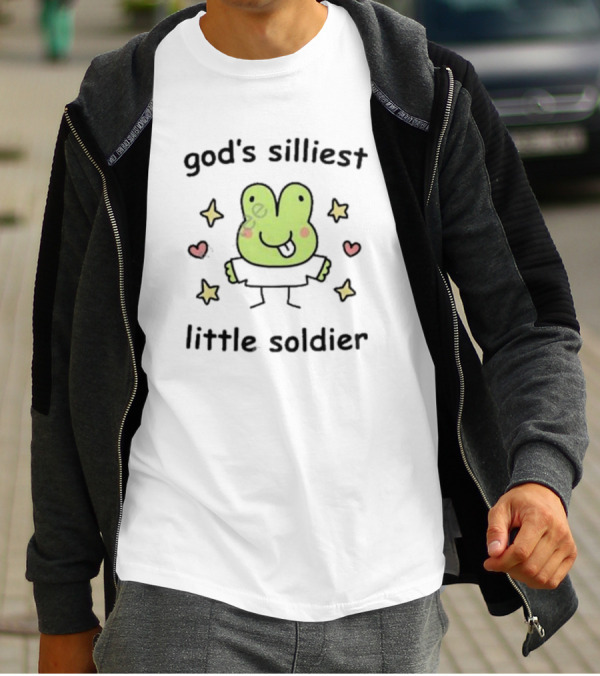 God's Silliest Little Soldier Cute Cartoon Frog With Stars And Hearts T-Shirt