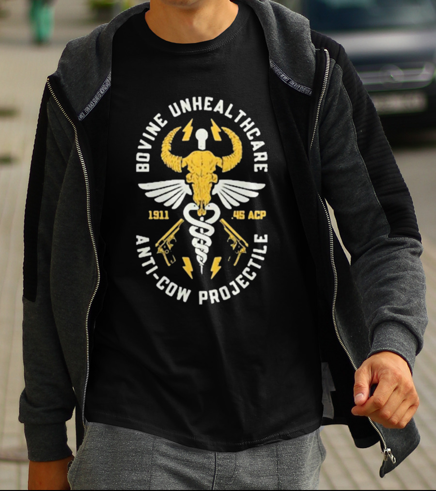 Bovine Unhealthcare Anti-cow Projectile 1911 .45 ACP Lightning Pistols Caduceus Skull Wings T-Shirt