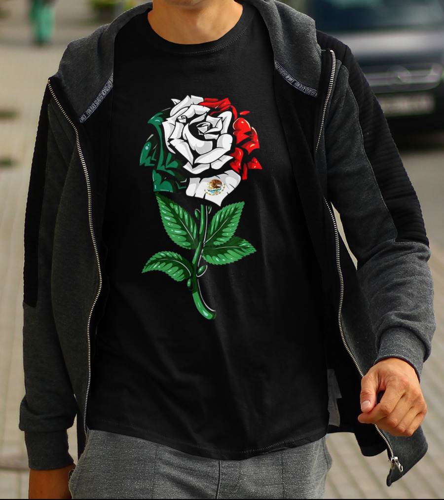 Rose In Colors Of Mexican Flag With Emblem T-Shirt