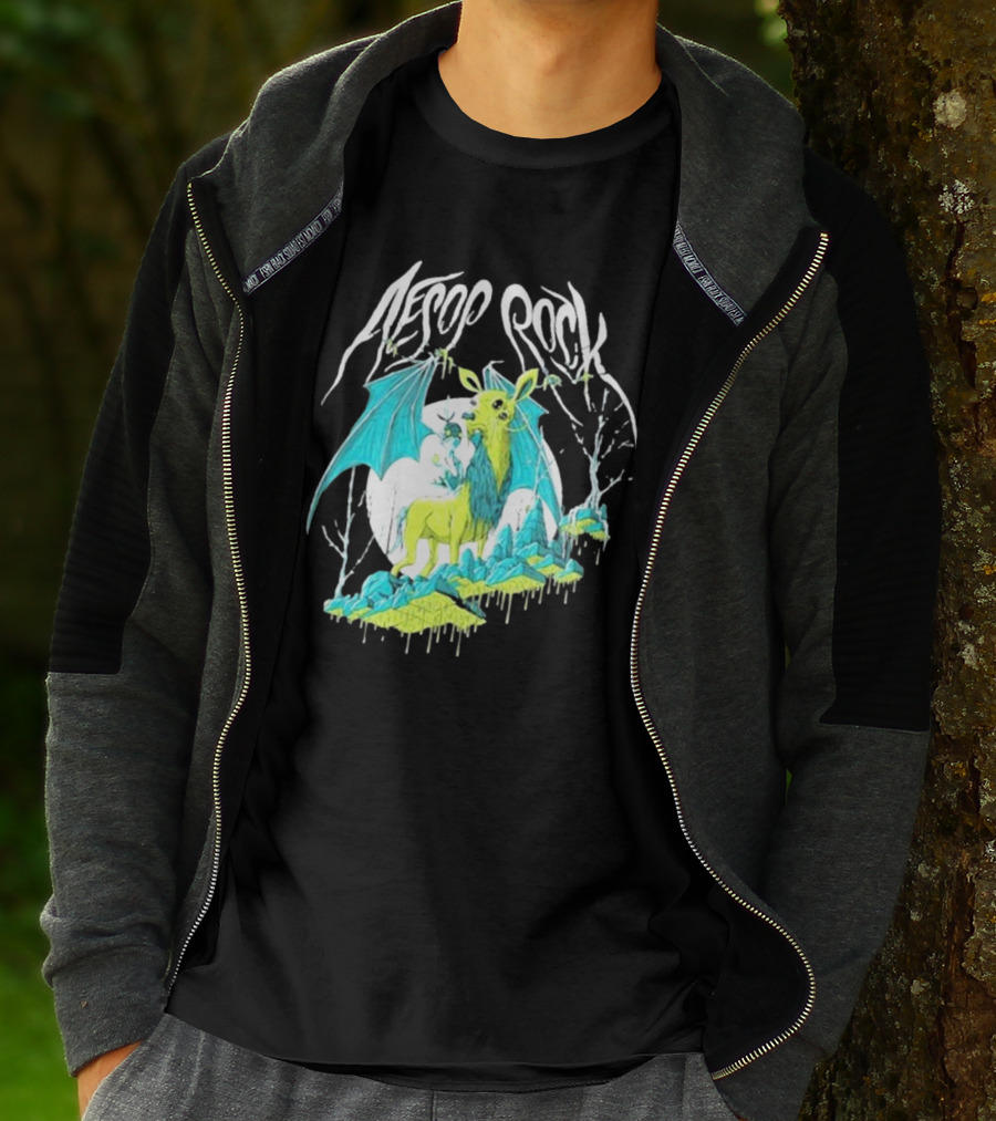 Aesop Rock Mythical Creature With Bat Wings And Moon Background T-Shirt