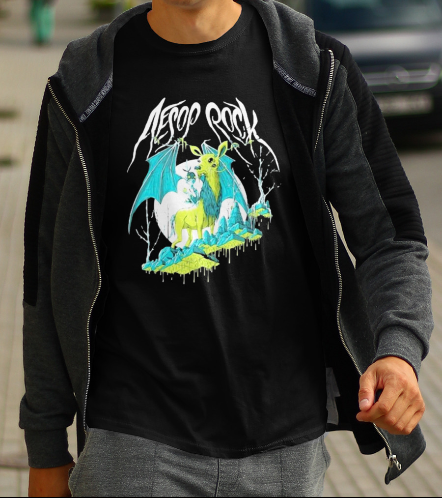 Aesop Rock Mythical Creature With Bat Wings And Moon Background T-Shirt