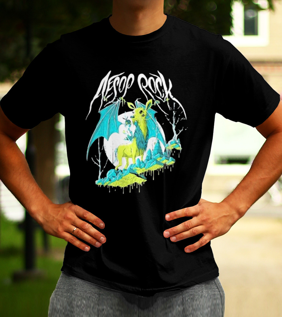 Aesop Rock Mythical Creature With Bat Wings And Moon Background T-Shirt