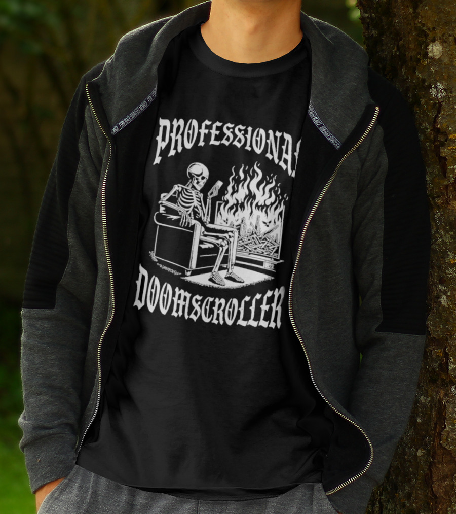 Professional Doomscroller Skeleton By Fireplace T-Shirt