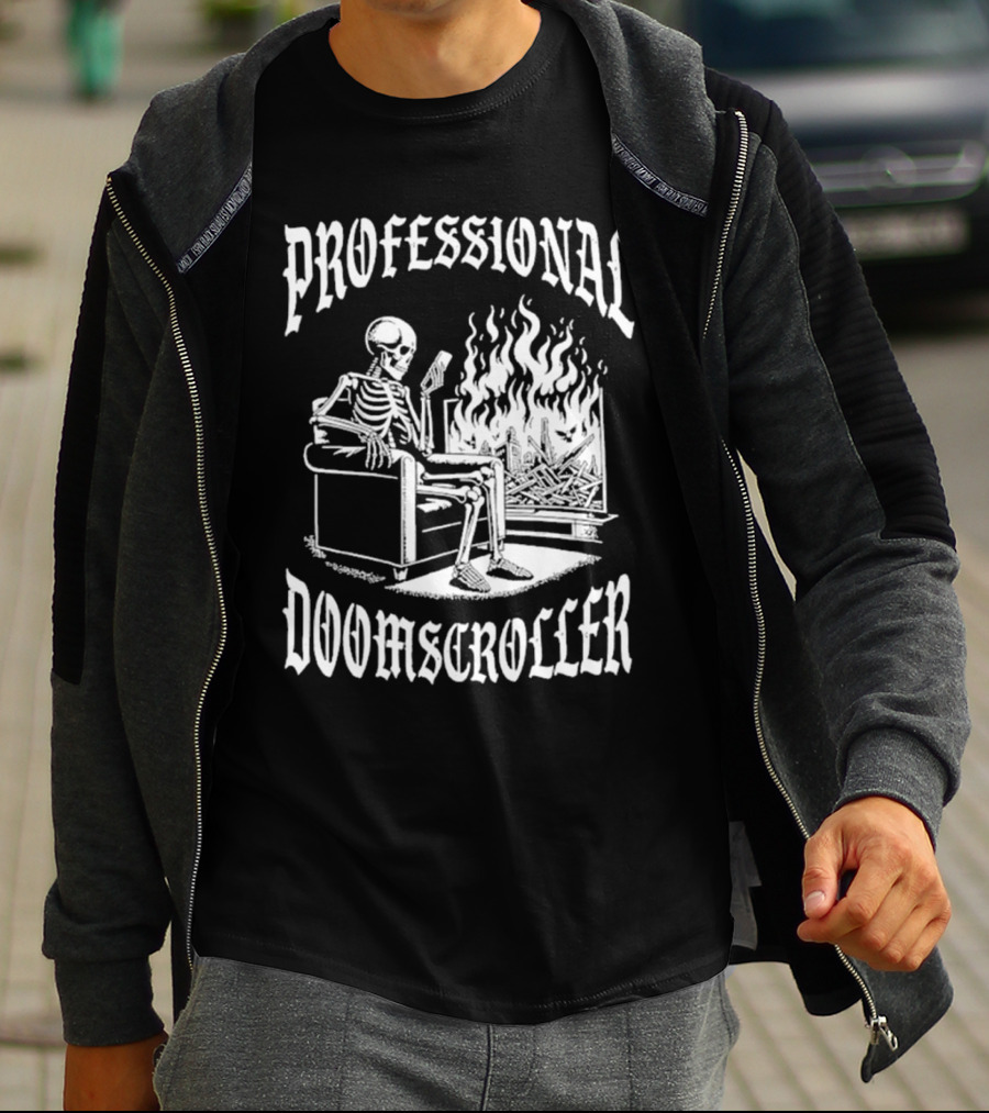 Professional Doomscroller Skeleton By Fireplace T-Shirt