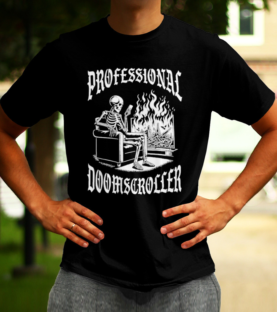 Professional Doomscroller Skeleton By Fireplace T-Shirt