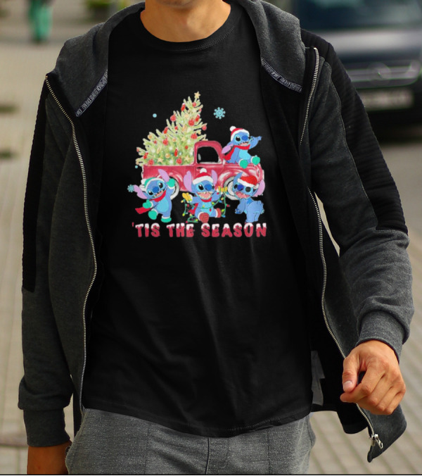 Stitch Tis The Season Christmas Santa Claus With Tree And Truck T-Shirt
