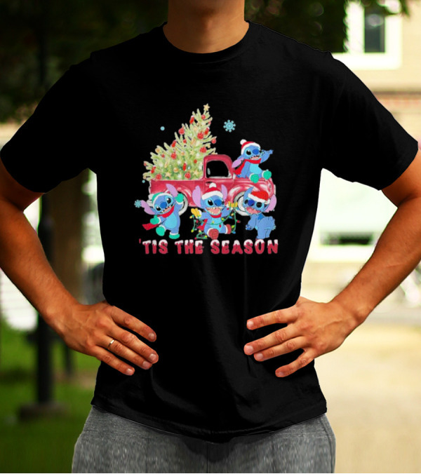 Stitch Tis The Season Christmas Santa Claus With Tree And Truck T-Shirt