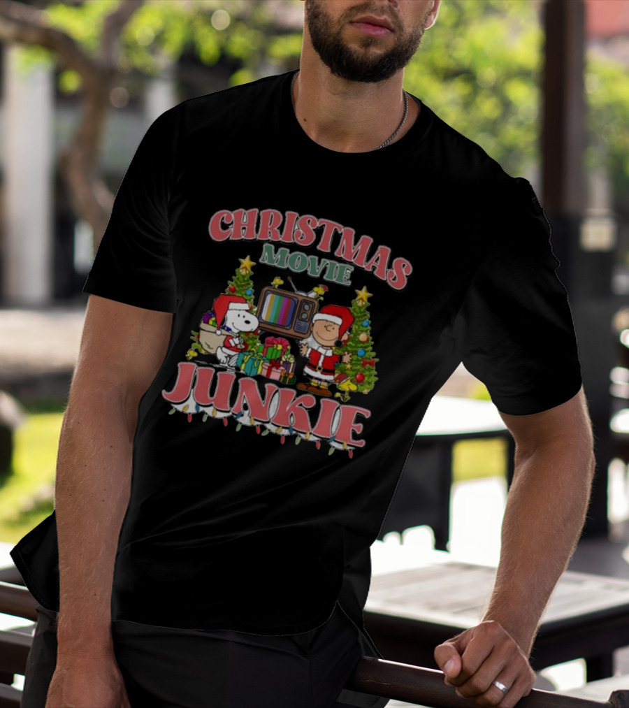 Christmas Movie Junkie Snoopy And Charlie Brown Festive TV Scene T-Shirt