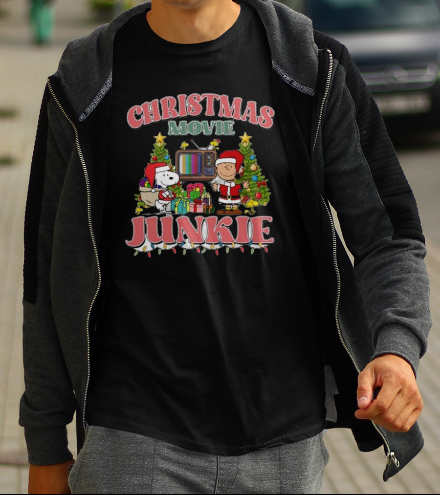 Christmas Movie Junkie Snoopy And Charlie Brown Festive TV Scene T-Shirt