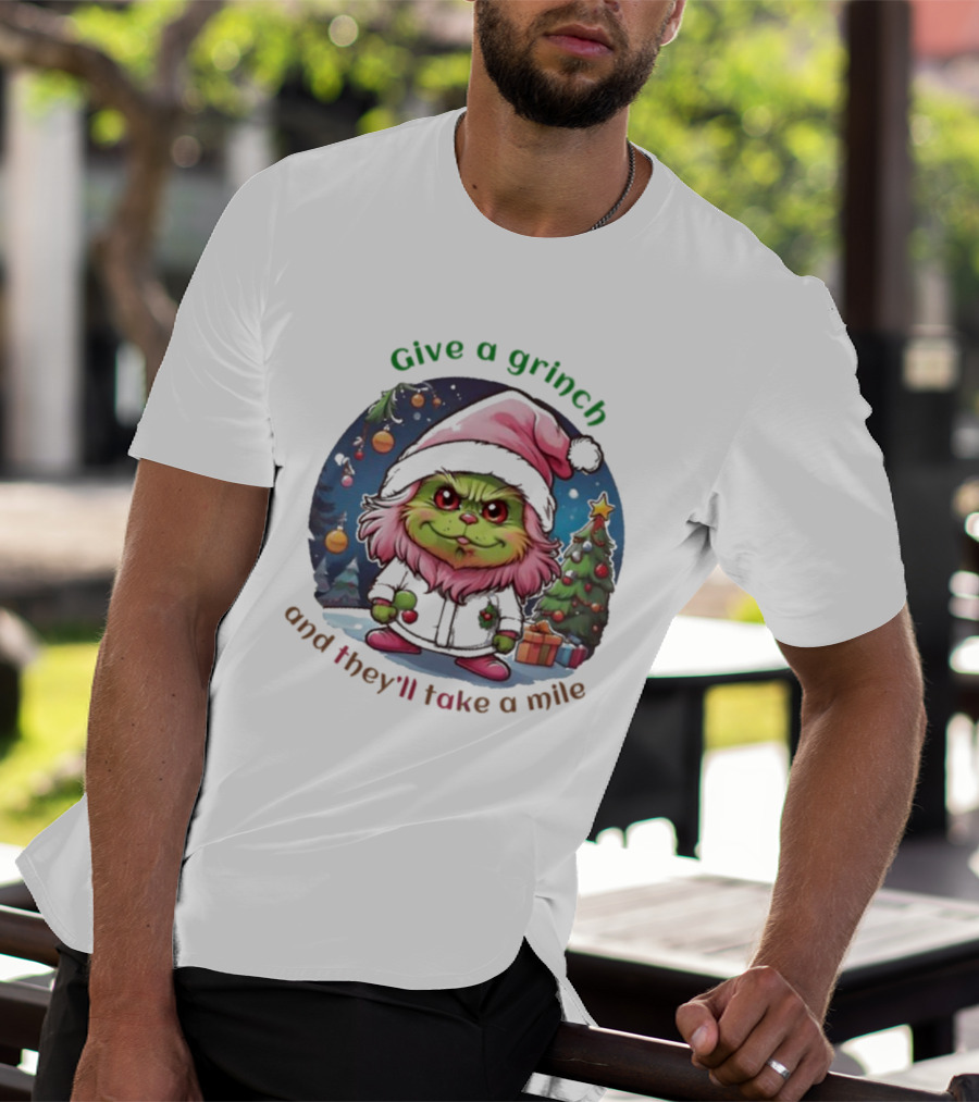 Chibi Pink Grinch Christmas Scene Give A Grinch And They’ll Take A Mile T-Shirt