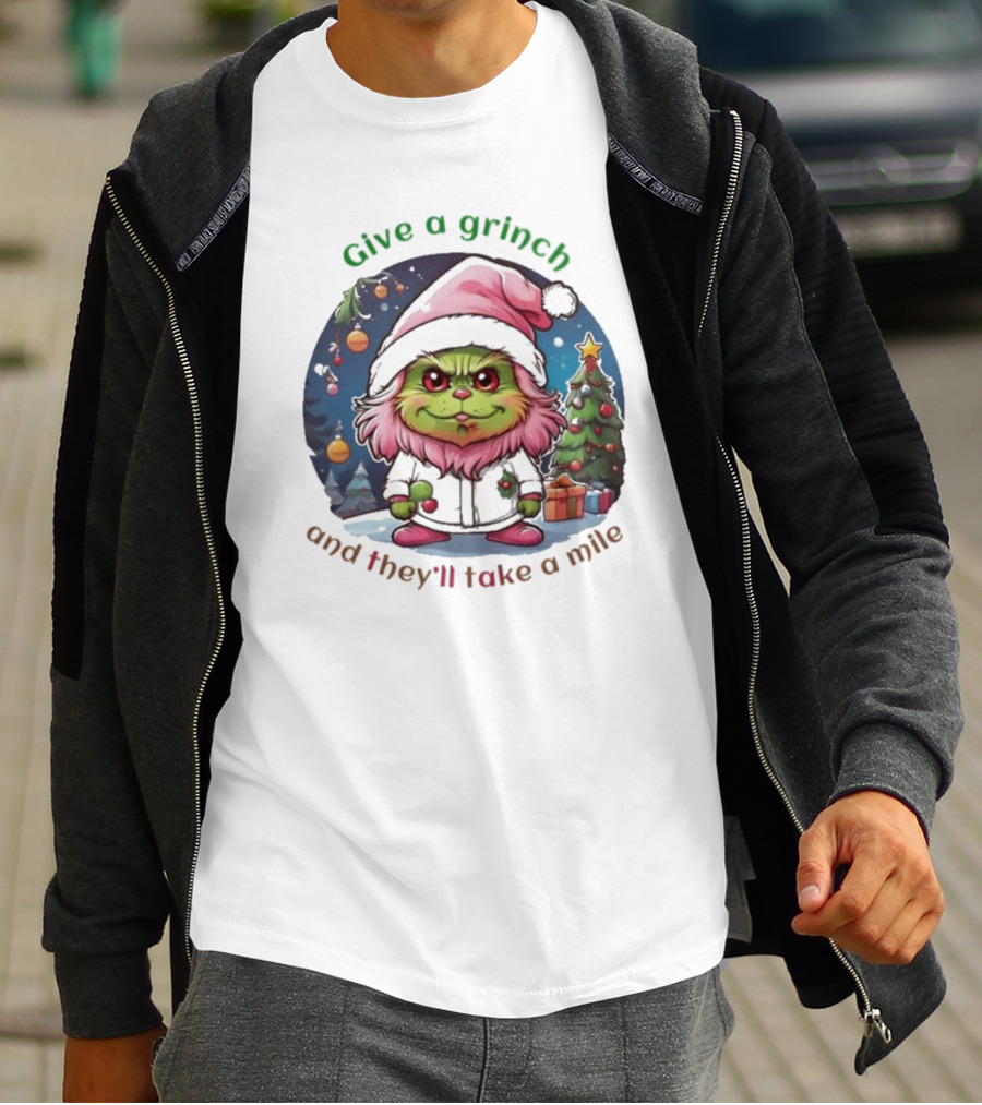 Chibi Pink Grinch Christmas Scene Give A Grinch And They’ll Take A Mile T-Shirt