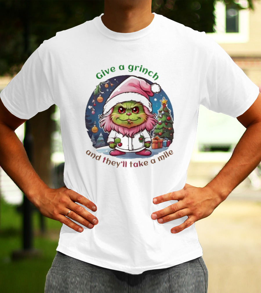 Chibi Pink Grinch Christmas Scene Give A Grinch And They’ll Take A Mile T-Shirt