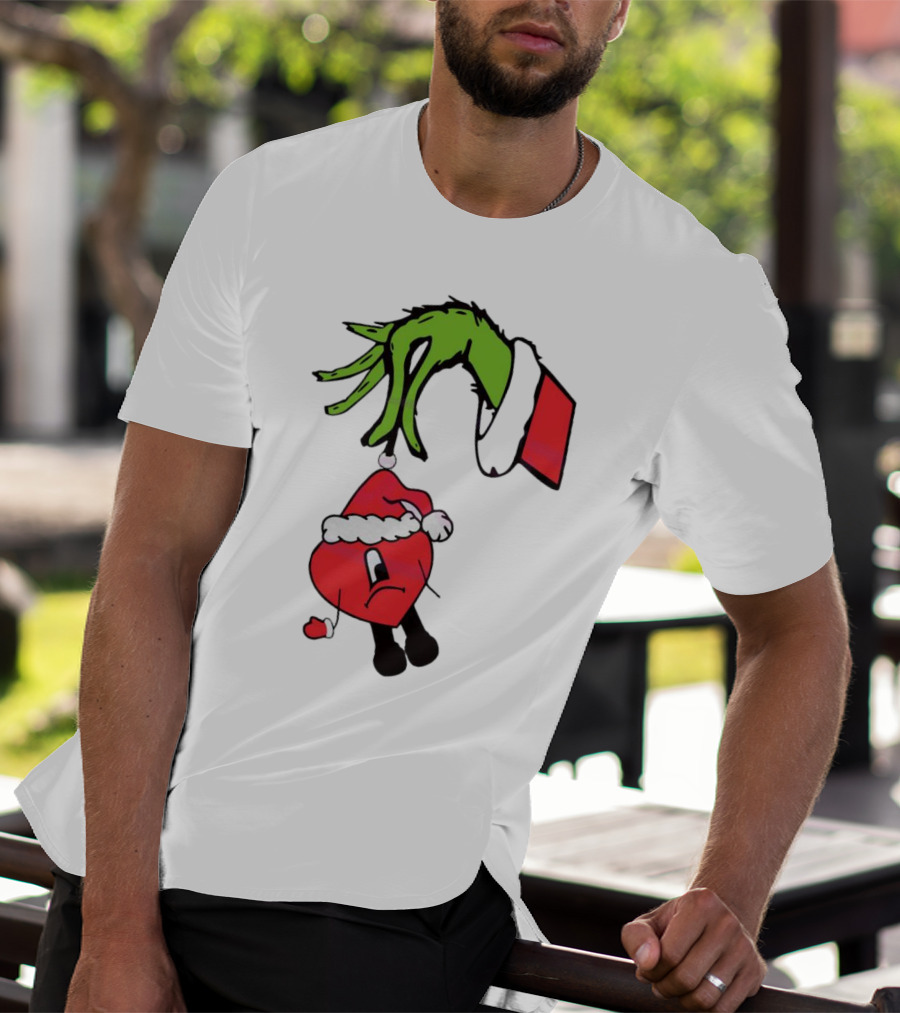 Grinch Hand Holding Santa Hat Bad Bunny Xmas T-Shirt