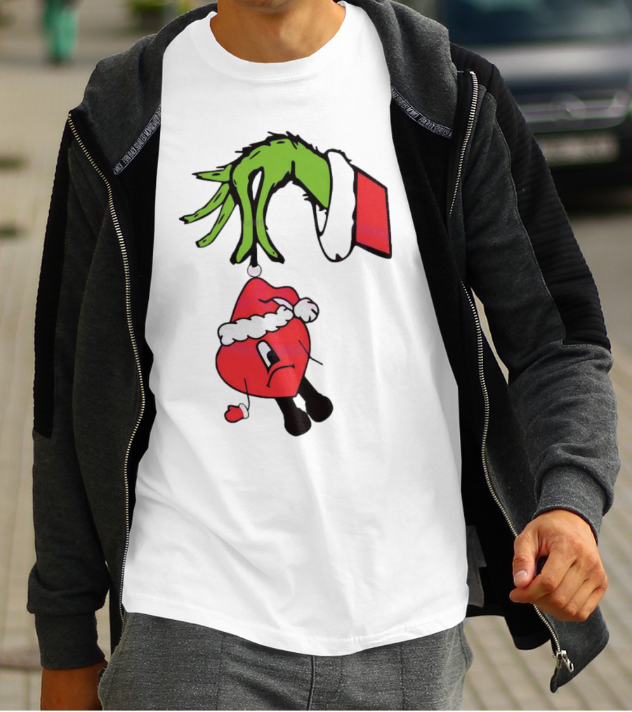 Grinch Hand Holding Santa Hat Bad Bunny Xmas T-Shirt