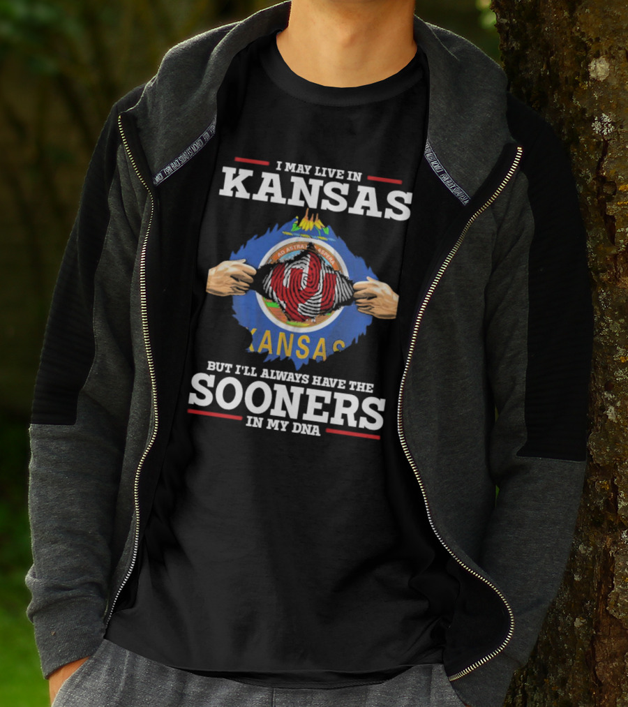 I May Live In Kansas But I'll Always Have The Sooners In My DNA Kansas Flag Sooners Pride T-Shirt