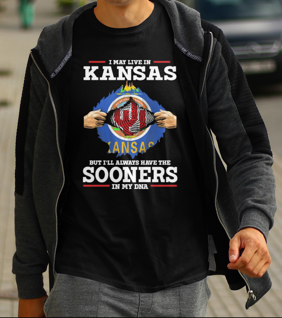 I May Live In Kansas But I'll Always Have The Sooners In My DNA Kansas Flag Sooners Pride T-Shirt
