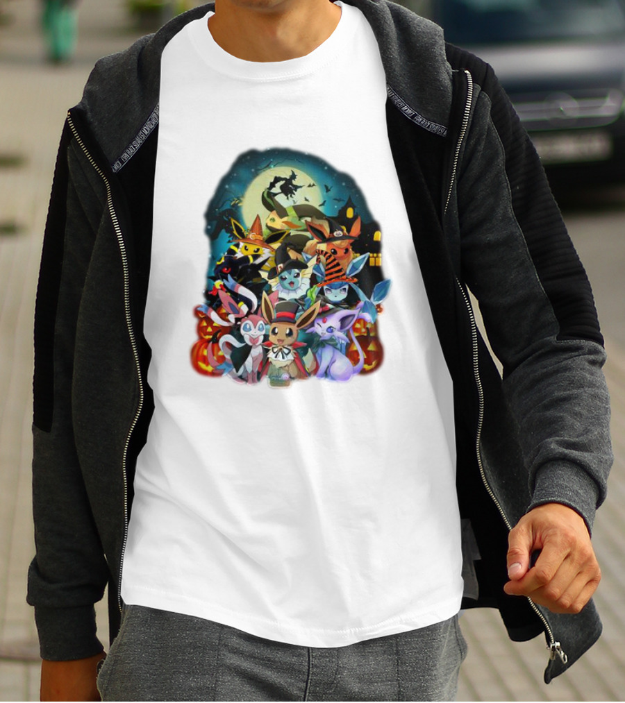 Halloween Eevee All Evolutions With Pumpkins And Witch Hat Moon Scene T-Shirt
