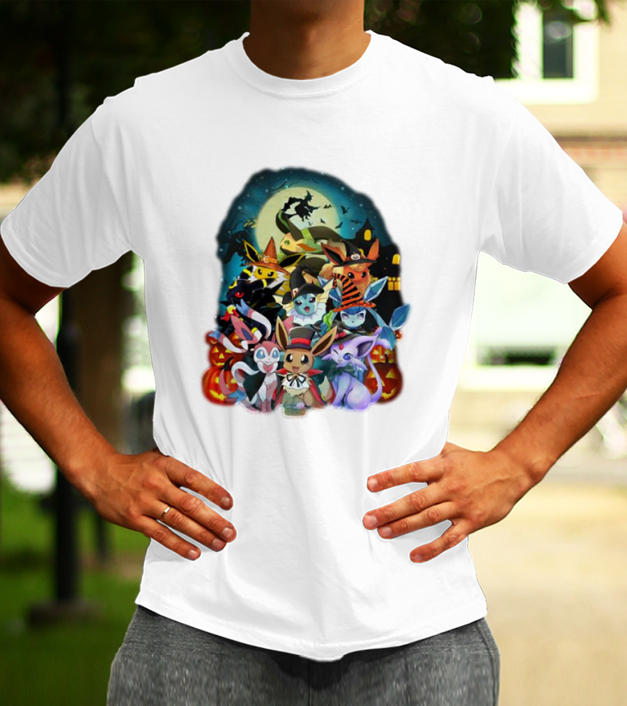 Halloween Eevee All Evolutions With Pumpkins And Witch Hat Moon Scene T-Shirt