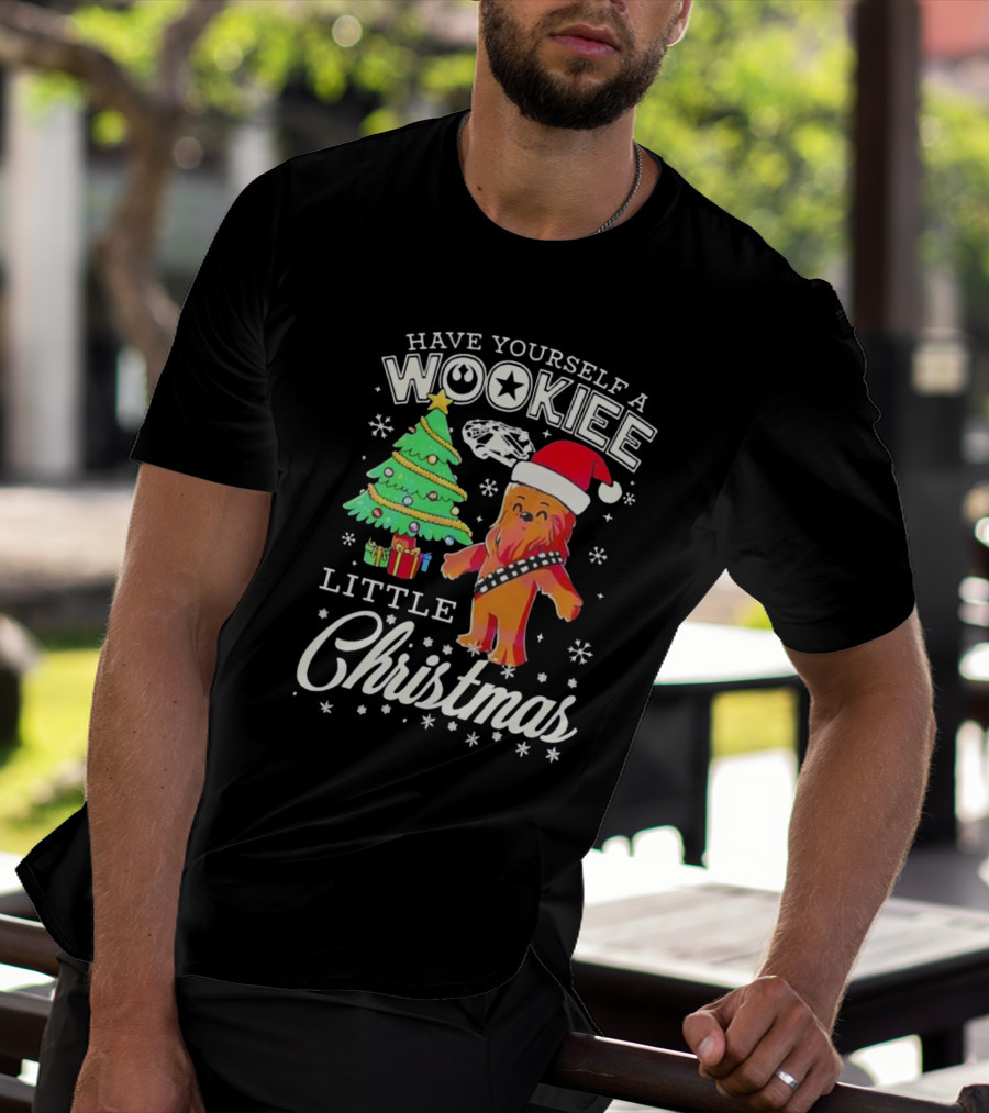 Have Yourself A Wookiee Little Christmas Tree Chewbacca Santa Hat Millennium Falcon Snowflakes T-Shirt