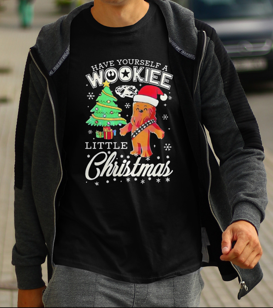 Have Yourself A Wookiee Little Christmas Tree Chewbacca Santa Hat Millennium Falcon Snowflakes T-Shirt