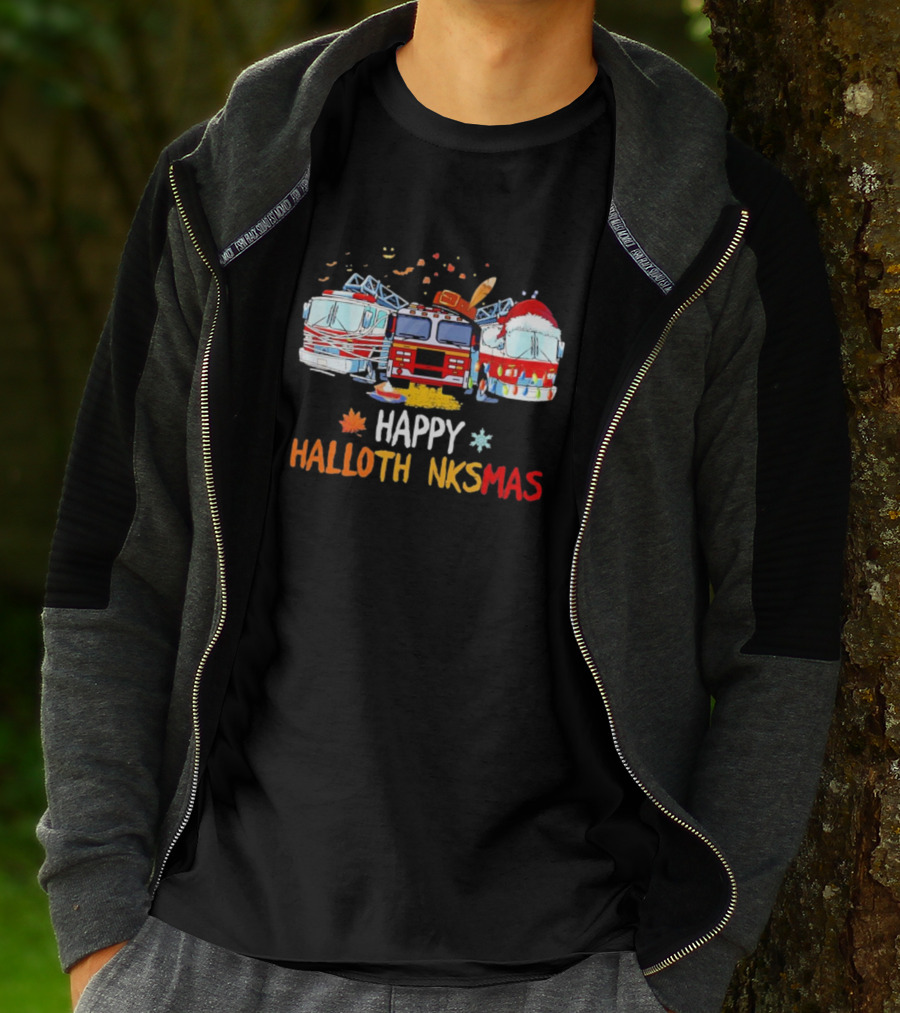 Happy Hallothankmas Firefighter Trucks Halloween Thanksgiving Christmas T-Shirt