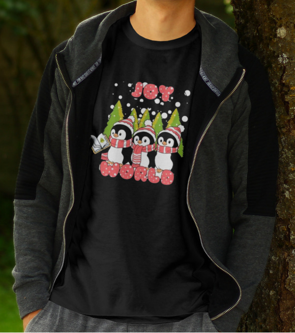 Joy World Penguins Singing With Trees And Snowflakes T-Shirt