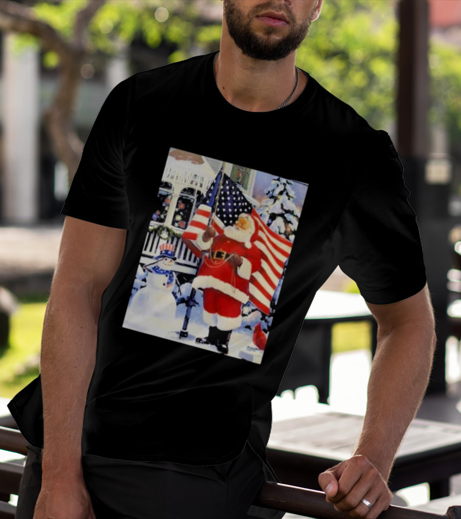 Santa Claus And Snowman With American Flag In Winter Scene T-Shirt