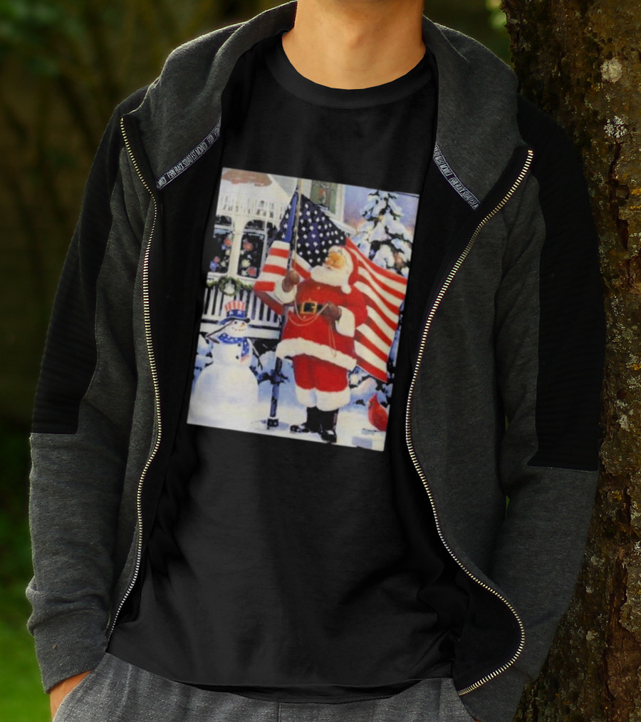 Santa Claus And Snowman With American Flag In Winter Scene T-Shirt