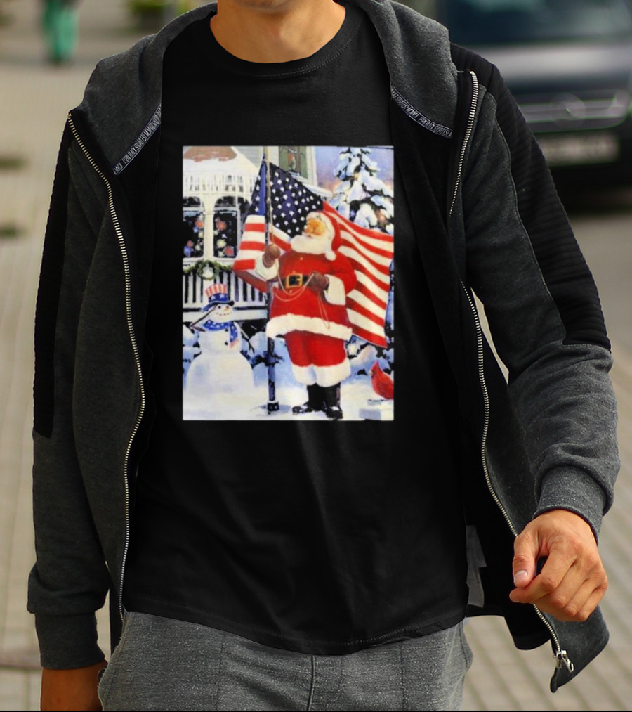 Santa Claus And Snowman With American Flag In Winter Scene T-Shirt