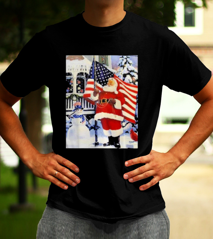 Santa Claus And Snowman With American Flag In Winter Scene T-Shirt