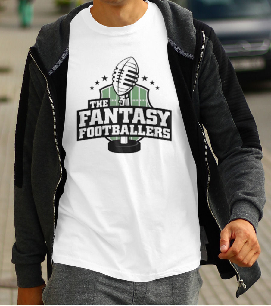 The Fantasy Footballers Podcast Microphone Logo In Green And Black With Stars T-Shirt