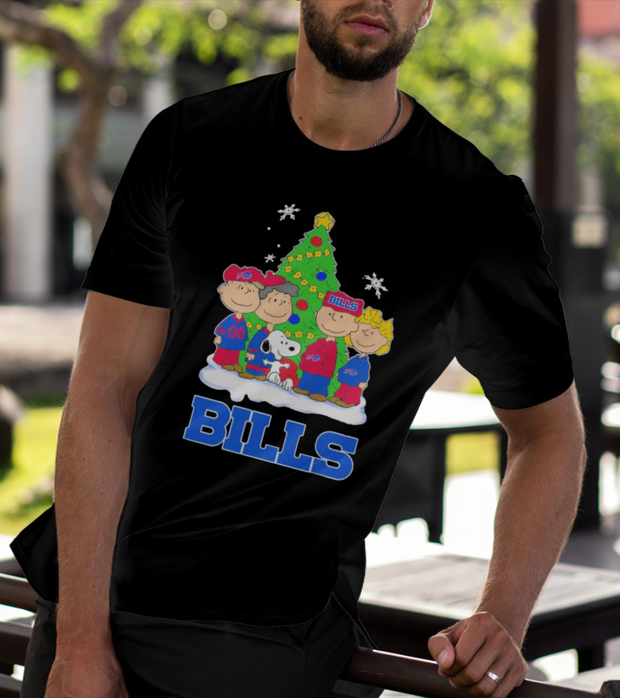 Peanuts Characters With Buffalo Bills Christmas Tree And Snowflakes T-Shirt