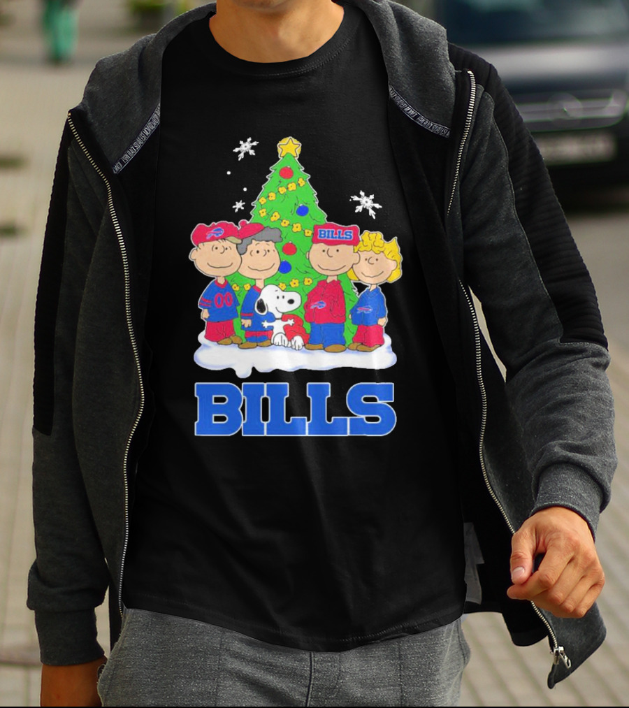 Peanuts Characters With Buffalo Bills Christmas Tree And Snowflakes T-Shirt
