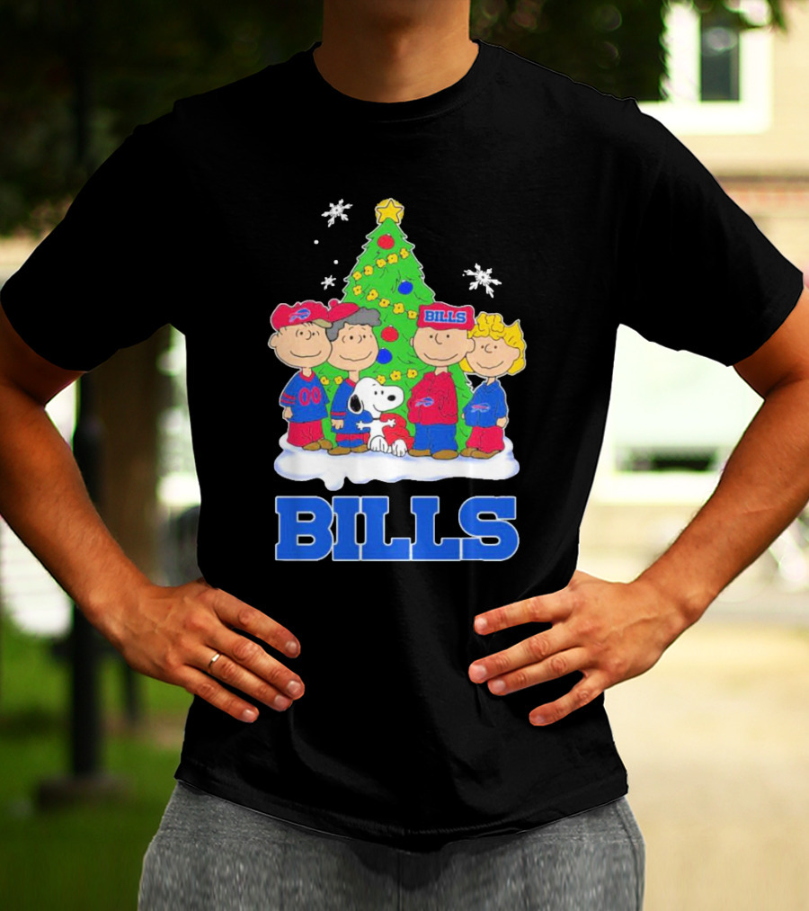 Peanuts Characters With Buffalo Bills Christmas Tree And Snowflakes T-Shirt