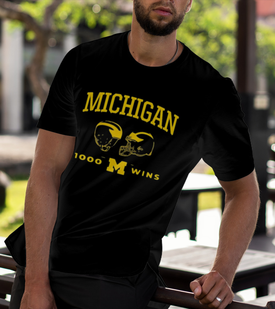 Michigan Wolverines Football 1000 Wins Celebration Dual Helmet T-Shirt