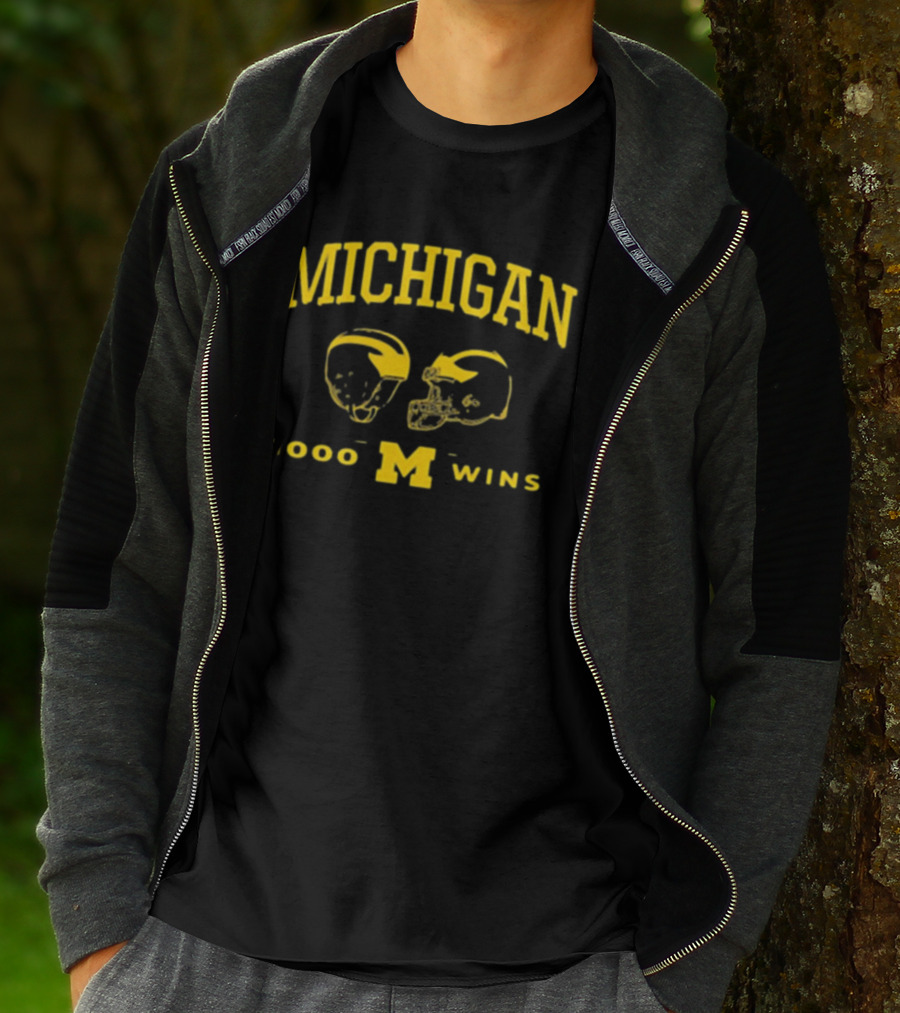 Michigan Wolverines Football 1000 Wins Celebration Dual Helmet T-Shirt