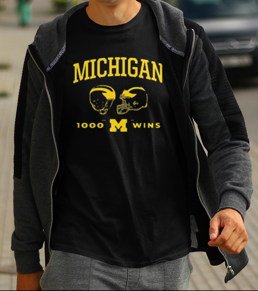 Michigan Wolverines Football 1000 Wins Celebration Dual Helmet T-Shirt
