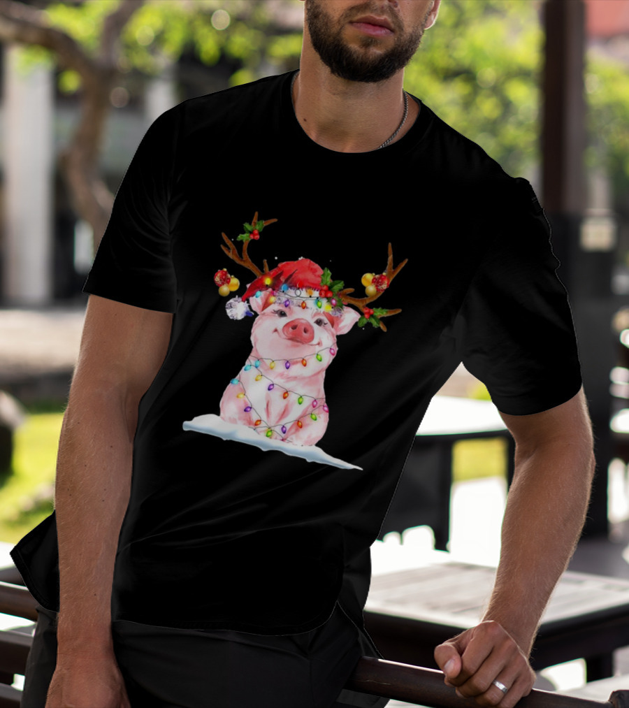 Pig Reindeer Antlers Santa Hat Christmas Lights T-Shirt