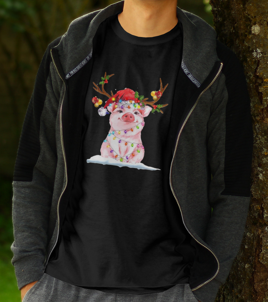 Pig Reindeer Antlers Santa Hat Christmas Lights T-Shirt