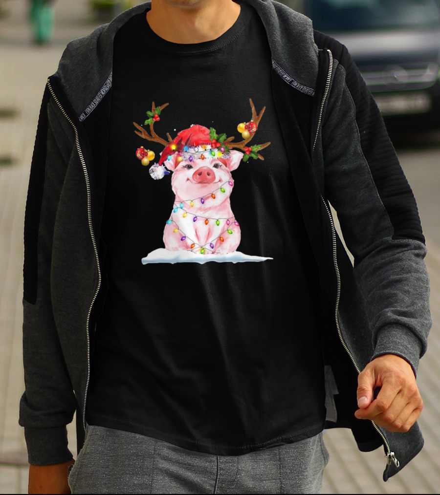 Pig Reindeer Antlers Santa Hat Christmas Lights T-Shirt