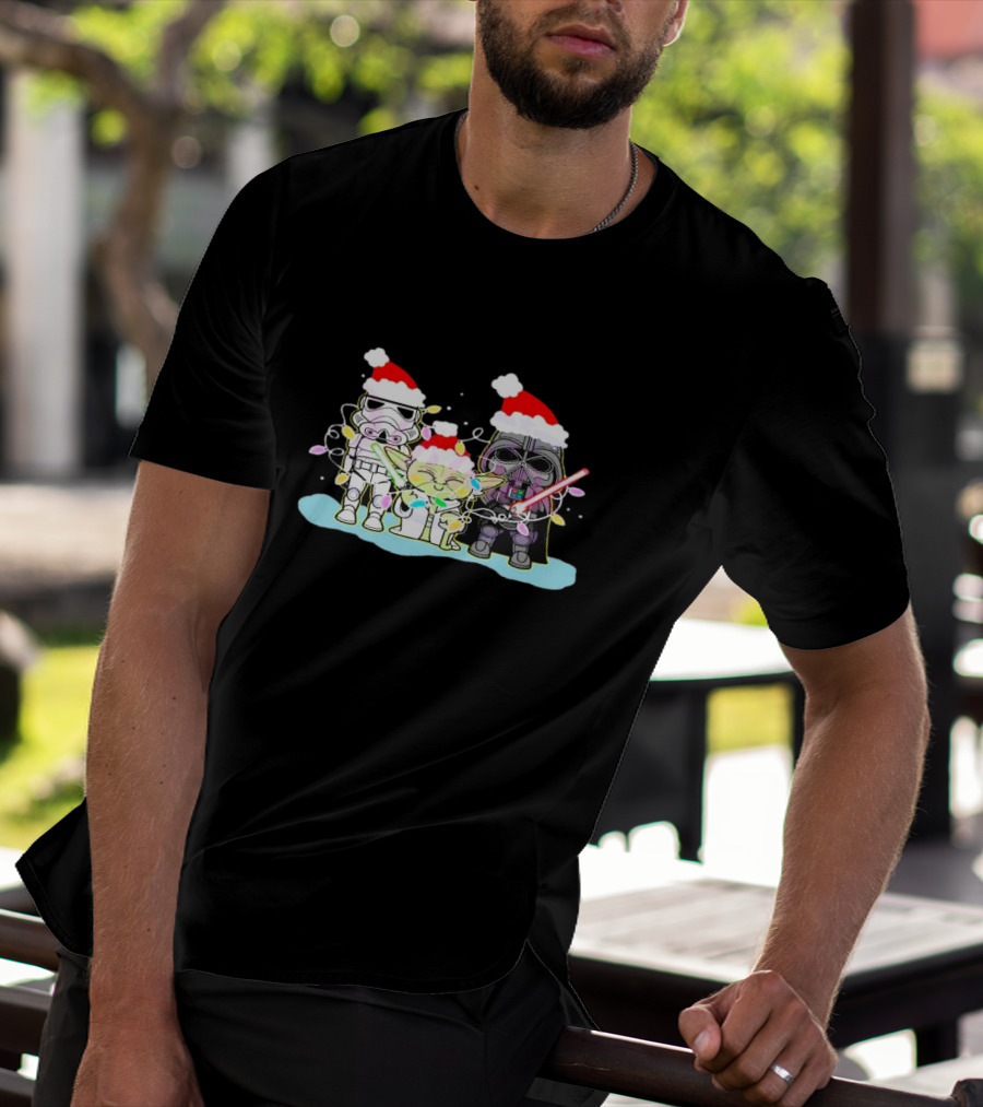 Star Wars Characters Santa Hat Christmas Lights Funny Vibes T-Shirt