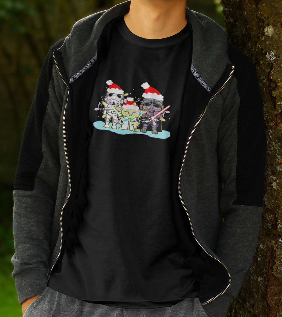 Star Wars Characters Santa Hat Christmas Lights Funny Vibes T-Shirt