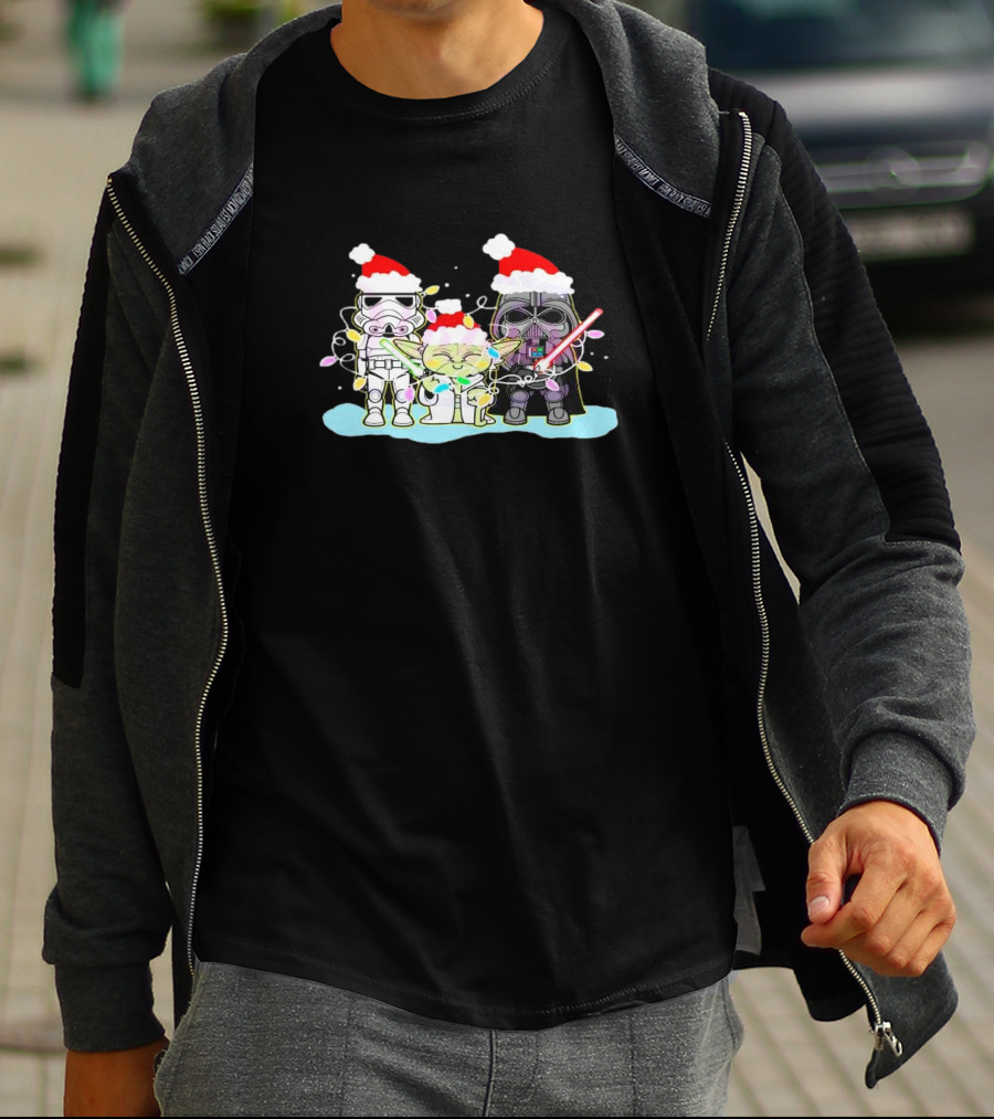 Star Wars Characters Santa Hat Christmas Lights Funny Vibes T-Shirt