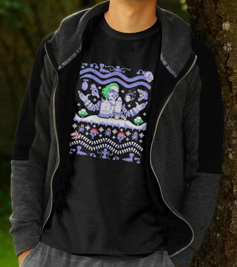 Christmas Beetlejuice Snowy House Scene And Ghostly Icons T-Shirt