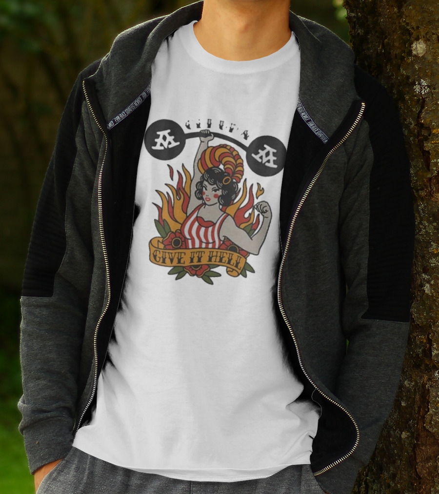 Get Up Give It Hell Retro Strongwoman Flames Barber Pole Haircurl Stripes Roses Boxing Gym Vintage T-Shirt