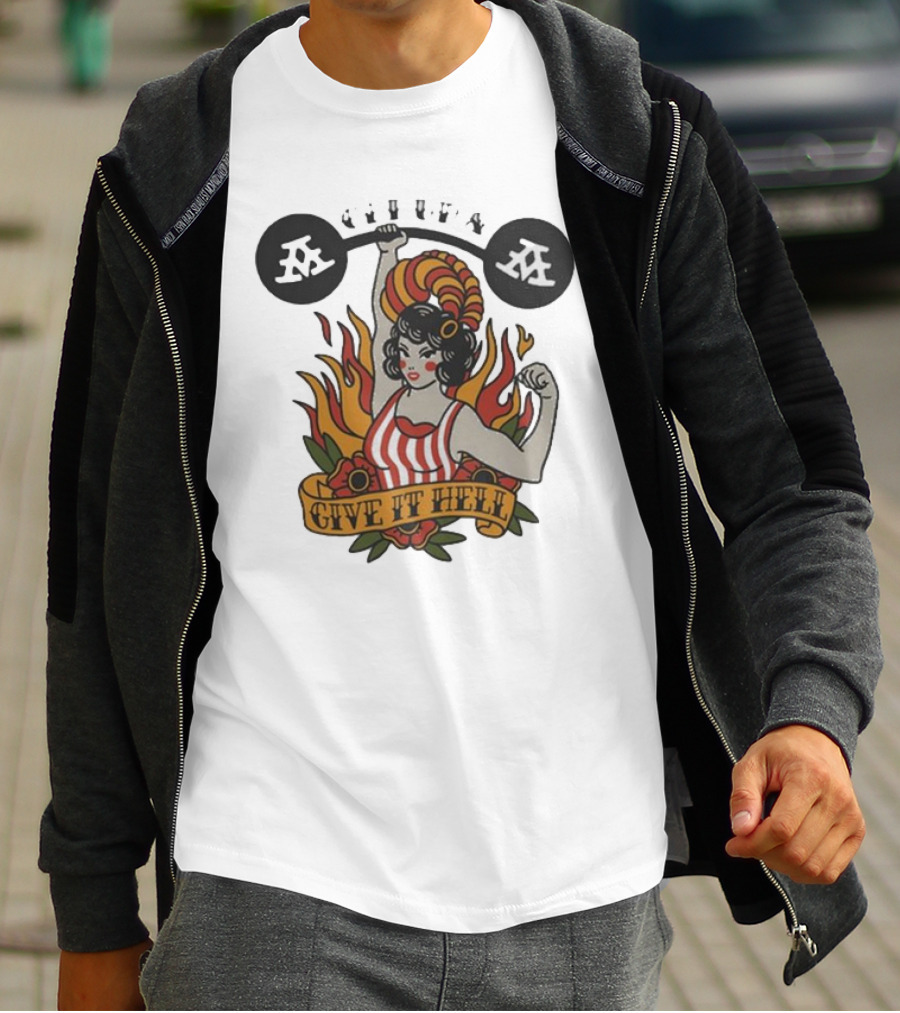 Get Up Give It Hell Retro Strongwoman Flames Barber Pole Haircurl Stripes Roses Boxing Gym Vintage T-Shirt