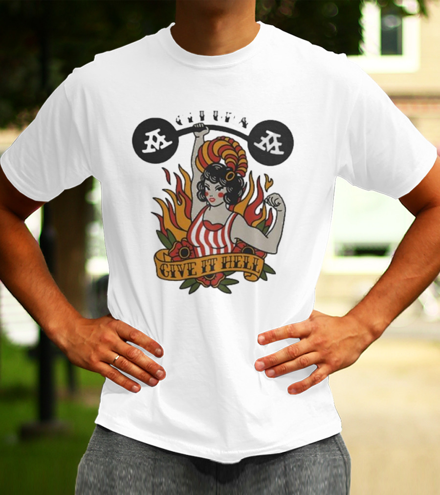 Get Up Give It Hell Retro Strongwoman Flames Barber Pole Haircurl Stripes Roses Boxing Gym Vintage T-Shirt