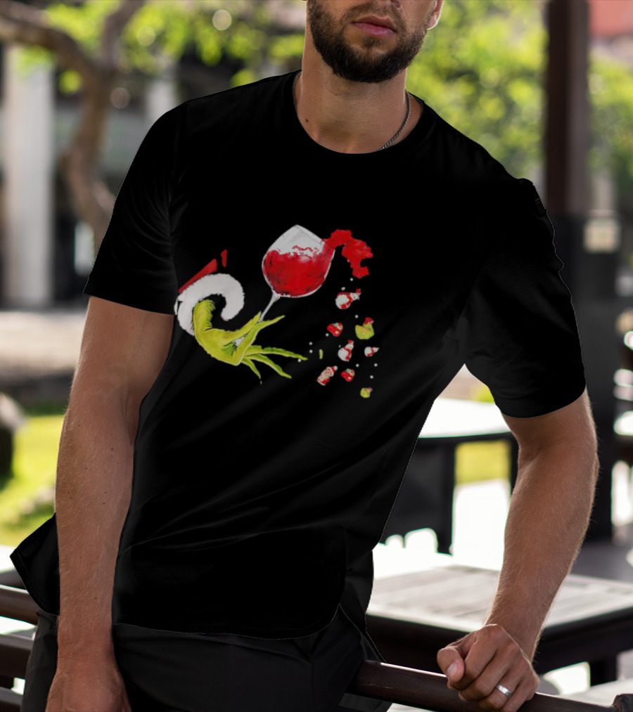 Grinch Hand Christmas Wine Glass Festive Holiday T-Shirt