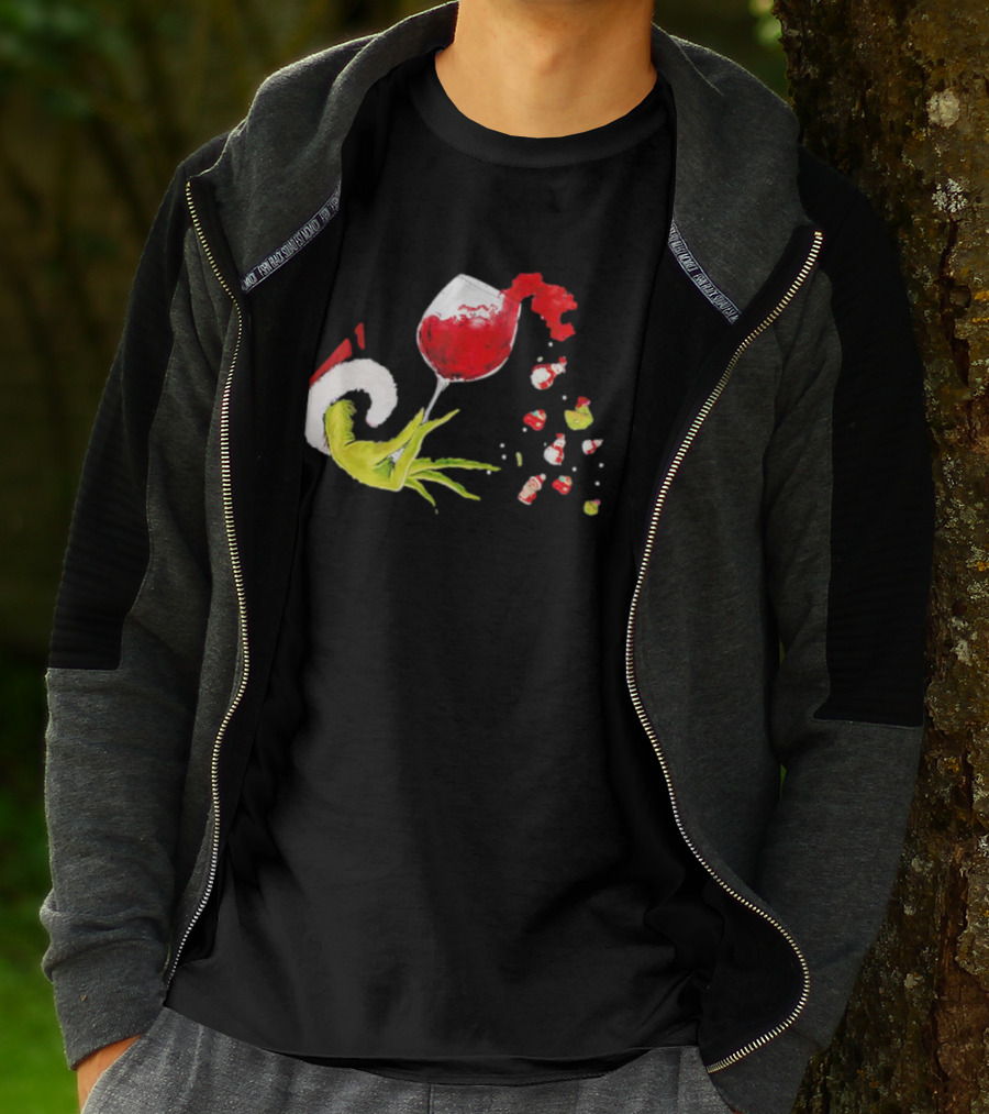 Grinch Hand Christmas Wine Glass Festive Holiday T-Shirt